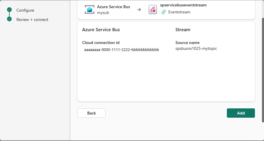 Screenshot that shows the page for reviewing settings and adding or connecting to an Azure Service Bus data source.