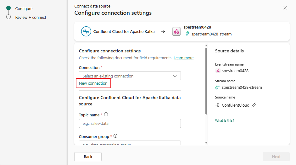 Screenshot that shows the selection of the New connection link on the Connect page of the Get events wizard.