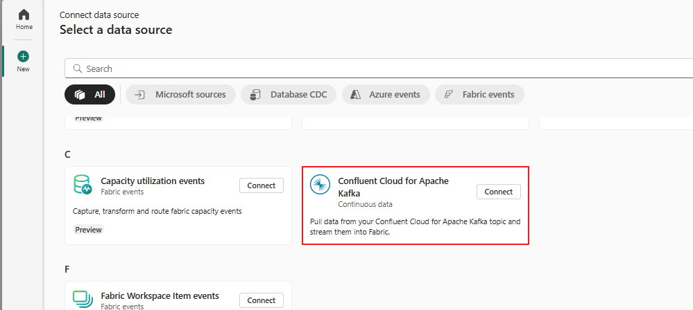 Screenshot that shows the selection of Confluent as the source type in the Get events wizard.