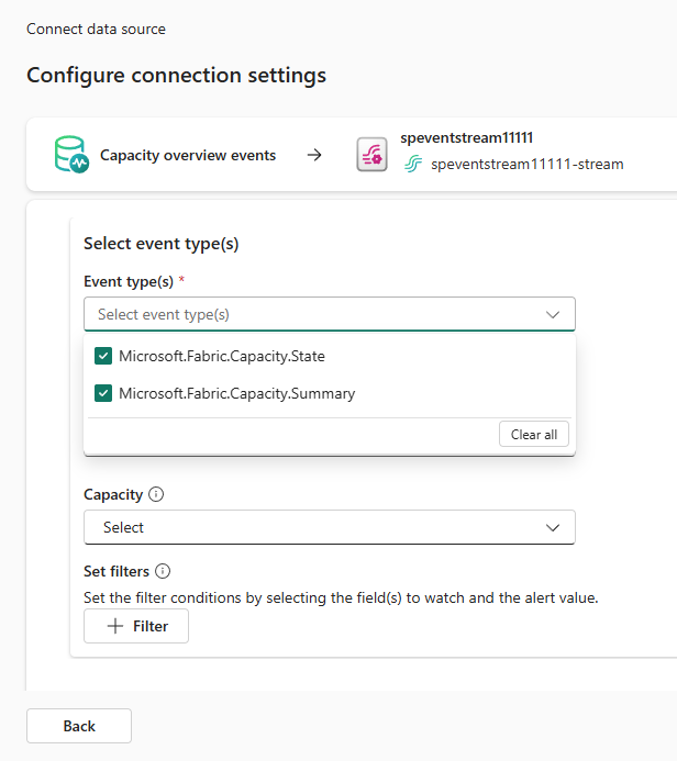 Screenshot that shows the Connect page for Fabric capacity overview events.
