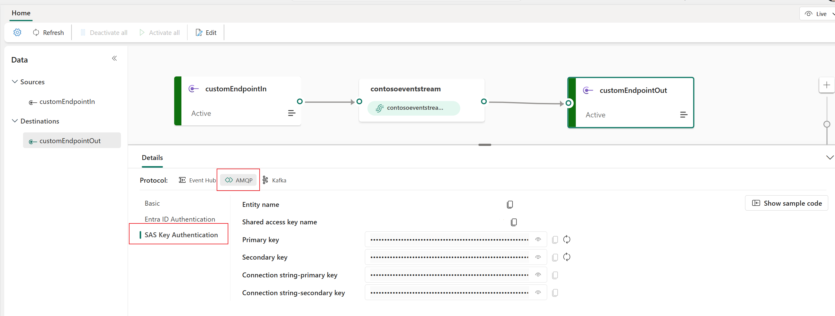 Screenshot that shows AMQP keys on the Details pane of the eventstream live view.