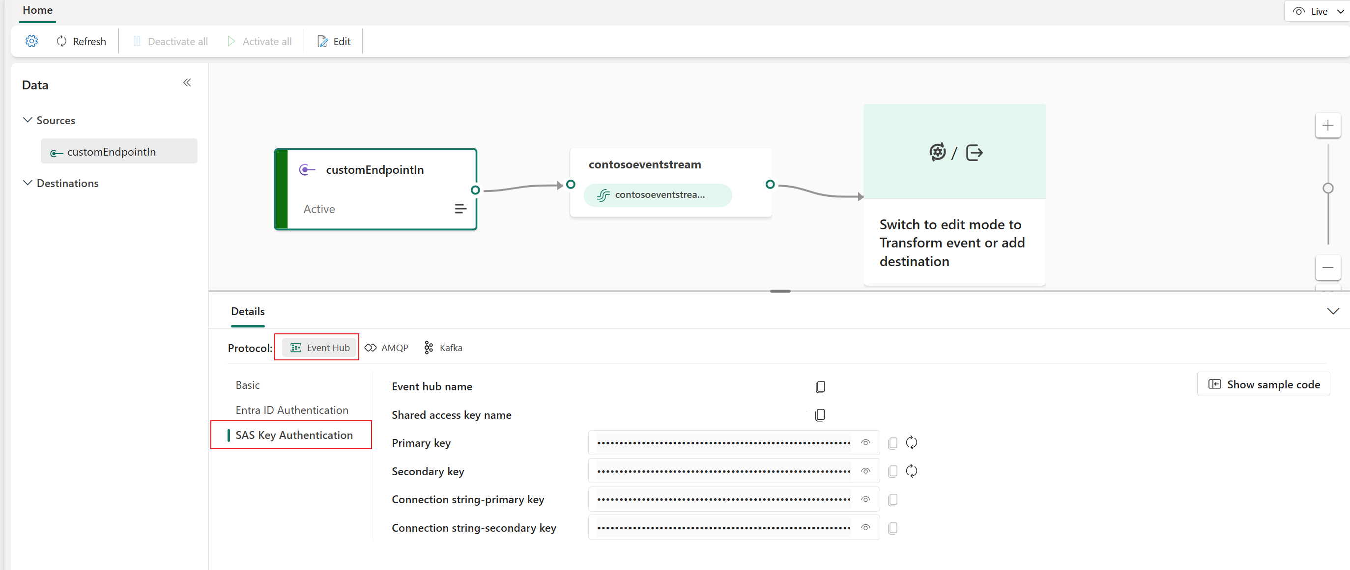 Screenshot that shows key information on the Details pane of the eventstream.
