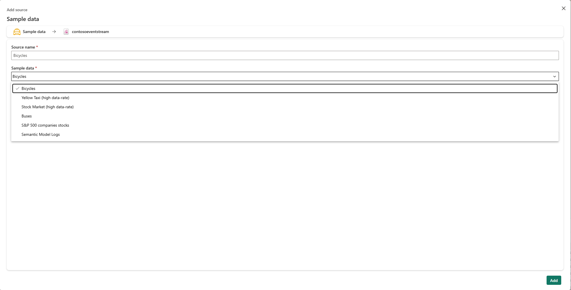Screenshot that shows the choices on the pane for sample data.