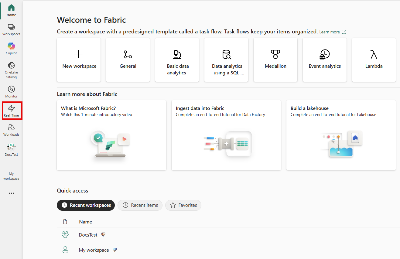 Screenshot of the Real-Time hub button in the left navigation pane.