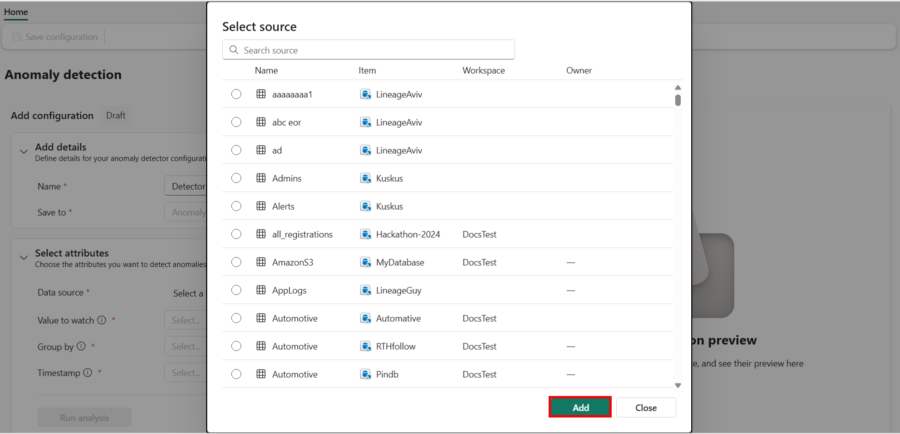 Screenshot of the Select source pane with an Eventhouse and table selected.