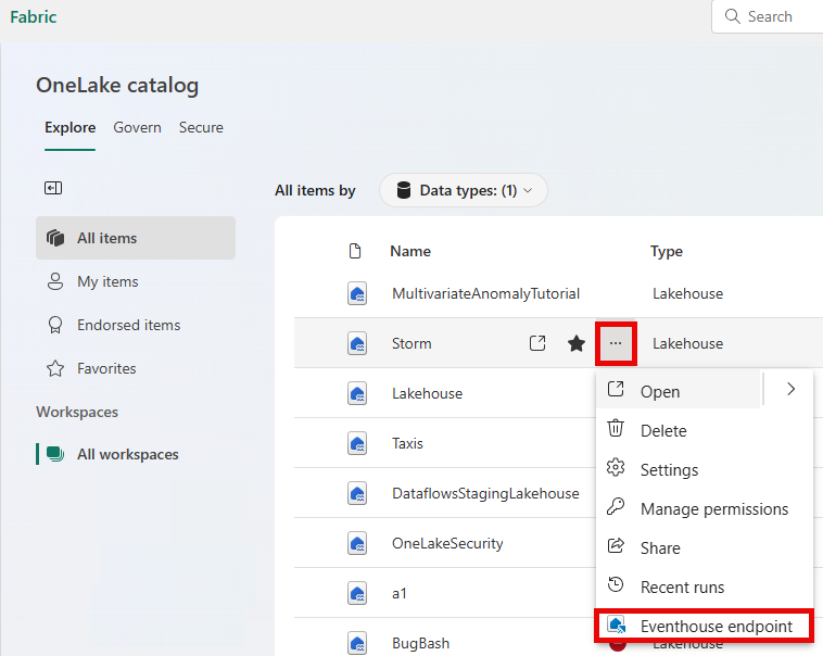 Screenshot of enabling the Eventhouse endpoint from the OneLake catalog.