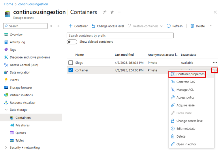 Screenshot showing the list of containers with the context menu open with container properties highlighted.