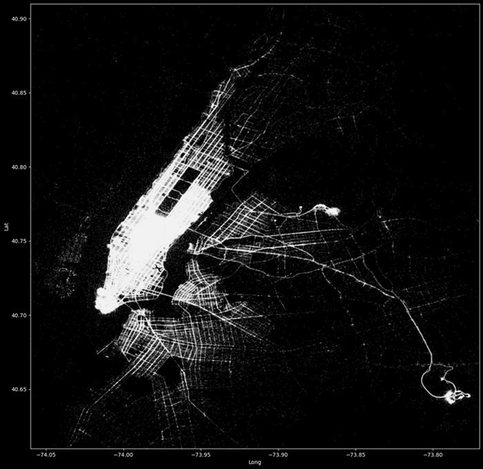 Screenshot of notebook showing a heatmap of NYC taxi pickups.