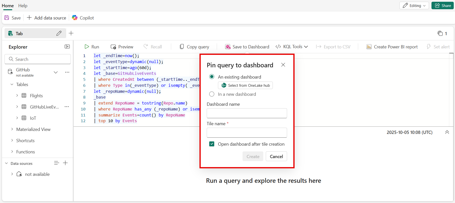 Screenshot of the pin to dashboard dialog box.