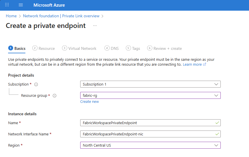 Screenshot of the Basics tab in Create a private endpoint.