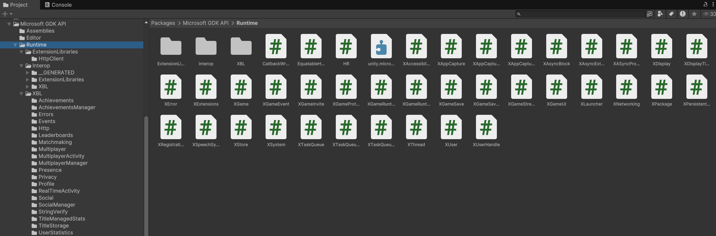 C# wrappers within the Microsoft GDK API package for Unity in the Packages window