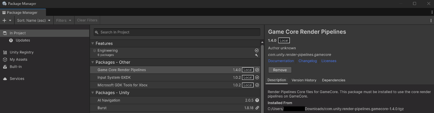 packages locally installed in a project in Unity 6