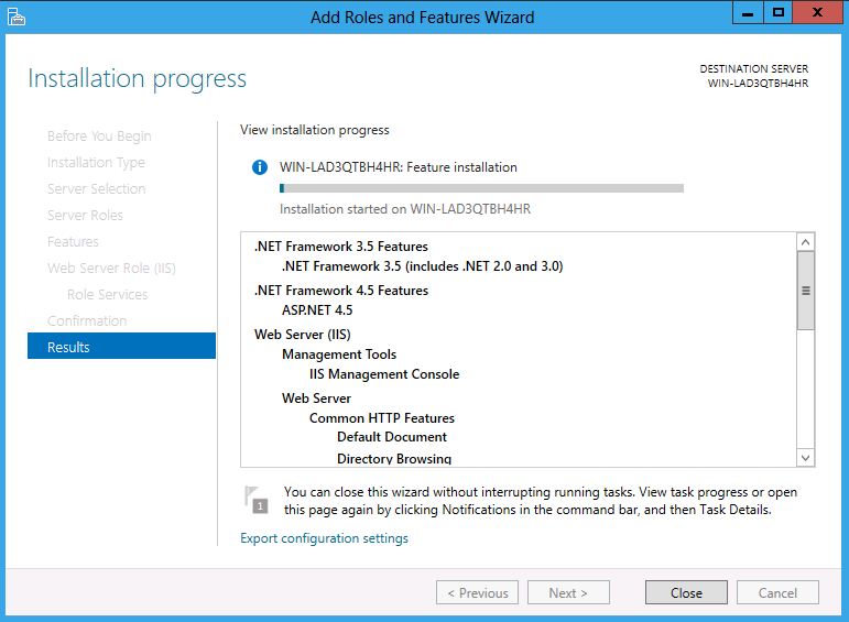 Screenshot of Installation Progress dialog box showing task progress with Results item highlighted.