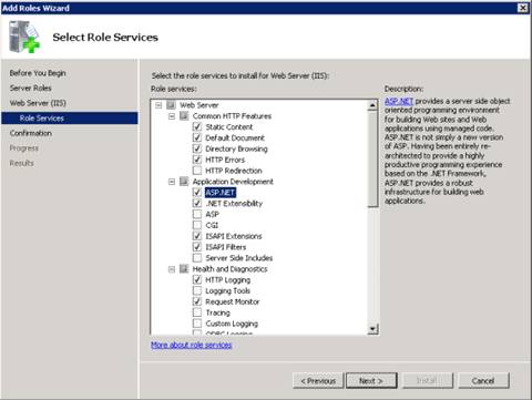 Screenshot of the Select Role Services page in the Add Roles Wizard. A S P .NET is selected and highlighted.