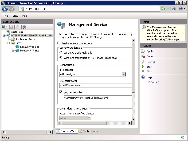 Screenshot of the Management Service screen with a focus on the Apply option in the Actions pane.