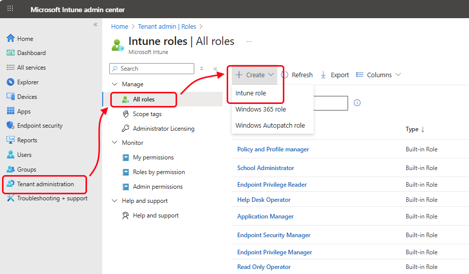 Adding a role in the Intune roles All roles pane.