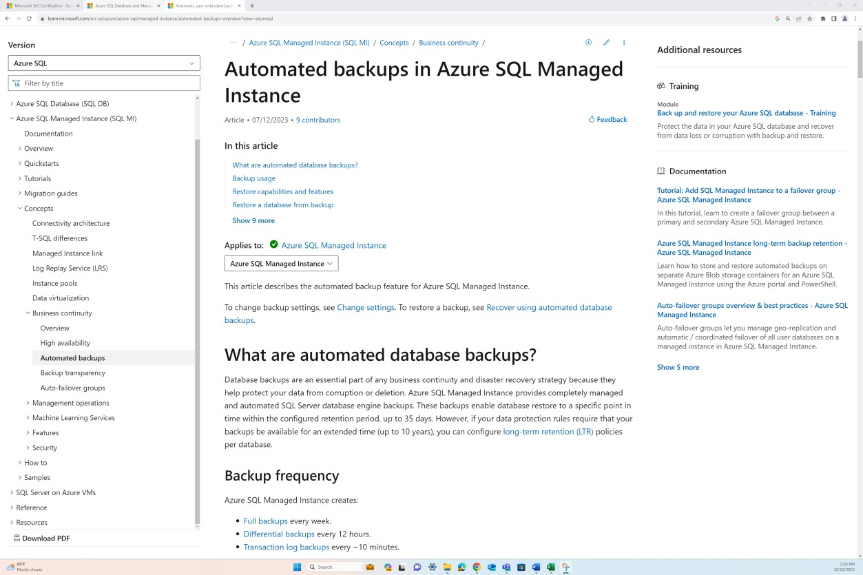learn.microsoft.com Automated backups in Azure SQL managed instance policy document.