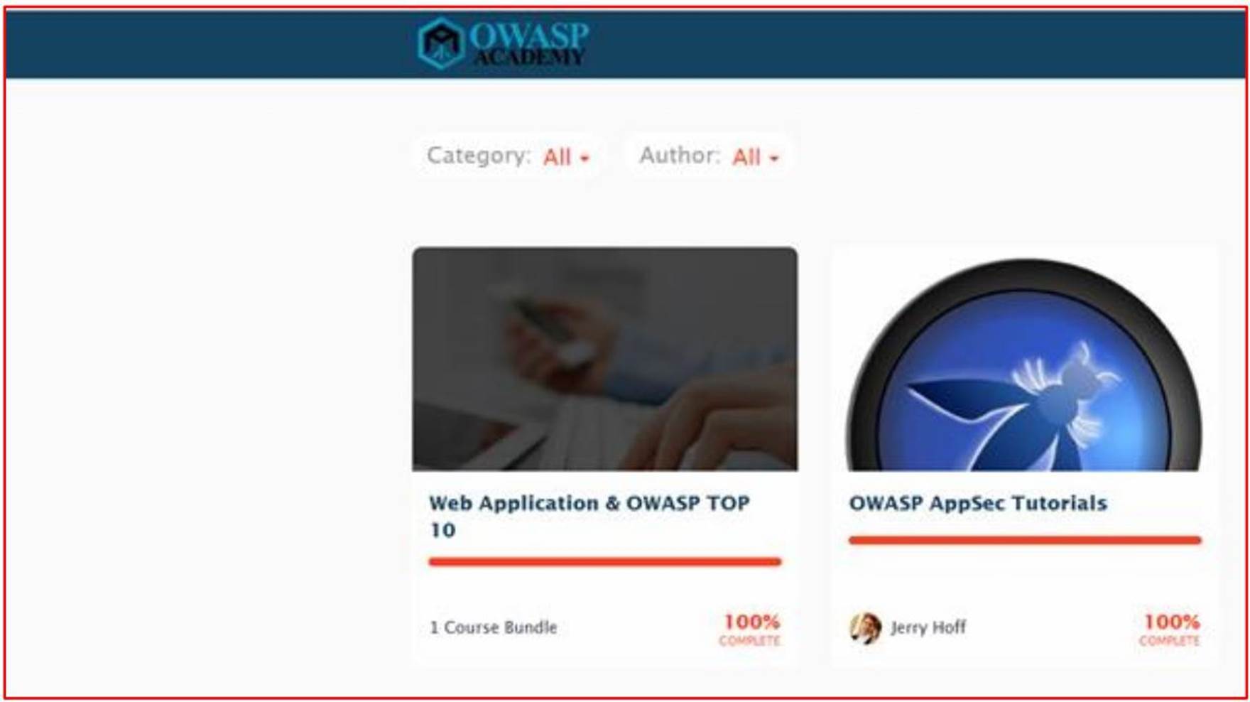 OWASP Academy training modules landing page with Web Application & OWASP TOP 10 and OWASP AppSec Tutorials.