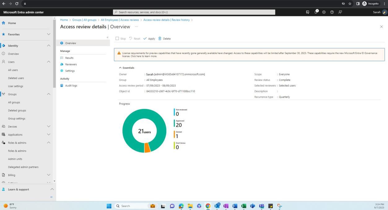 Microsoft Entra admin center access reviews details with progress pie chart.