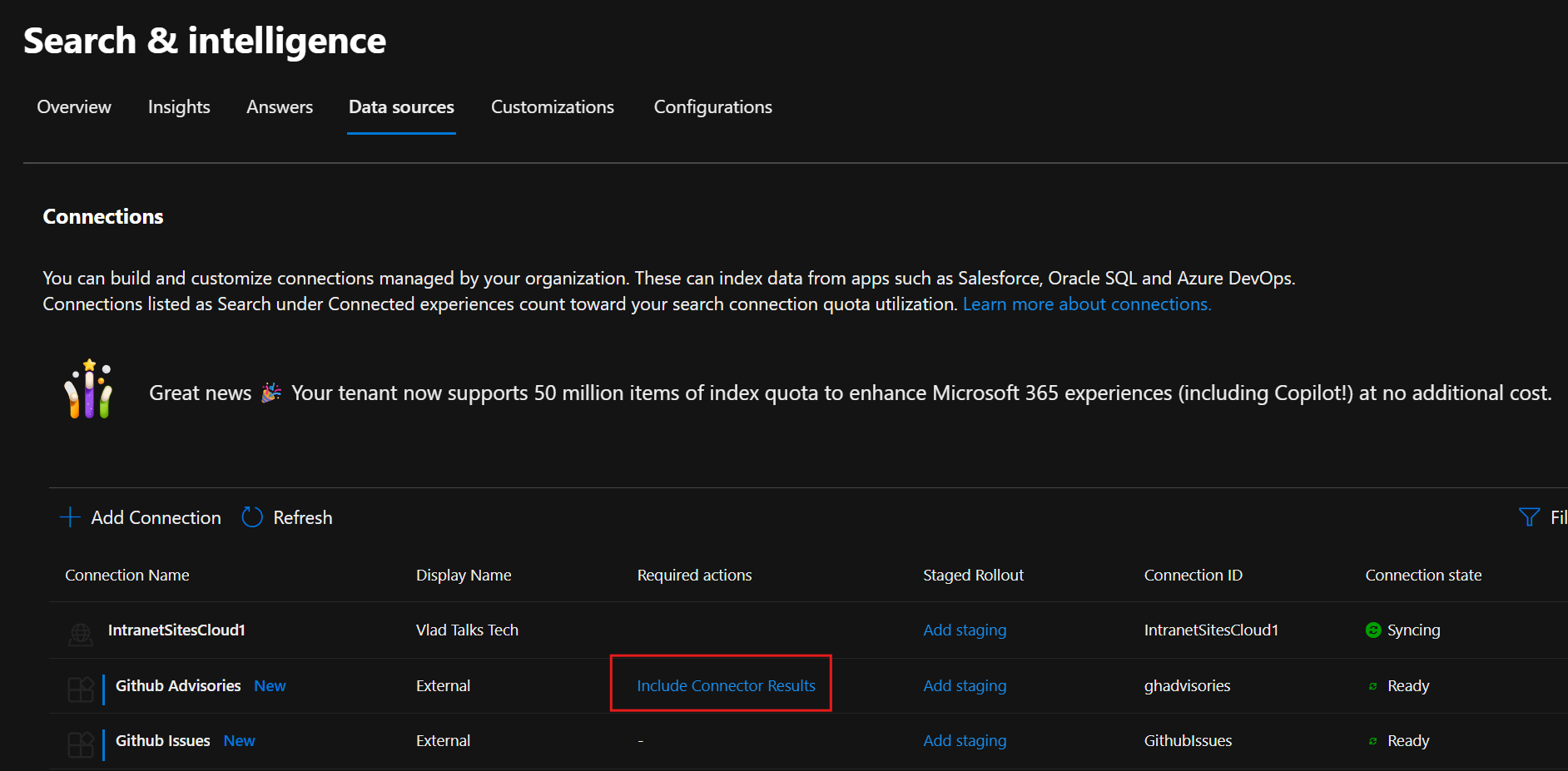 The Include connector results button in the Microsoft 365 admin center