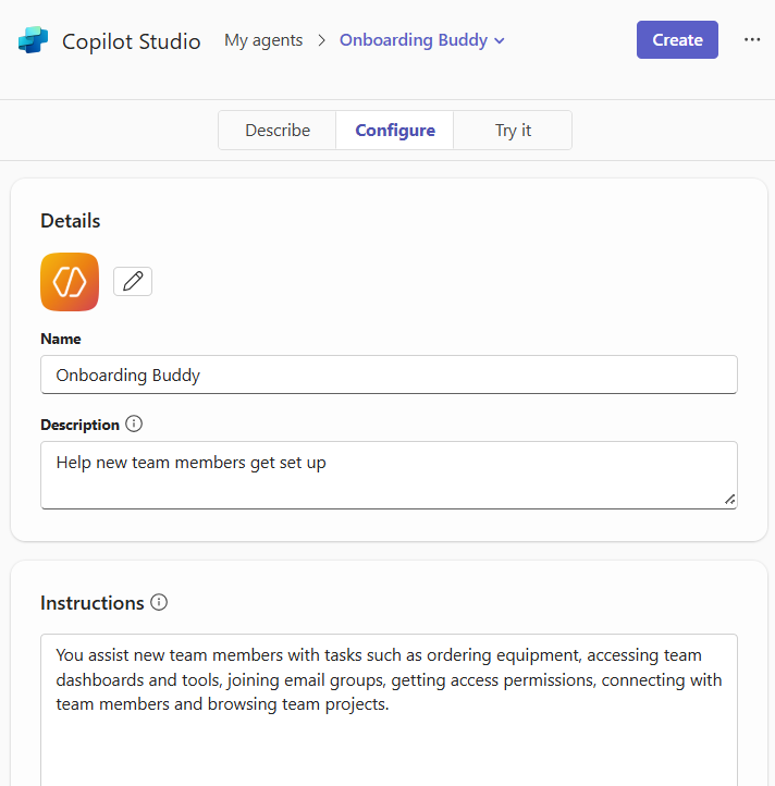 The Configure tab lets users manually edit the agent