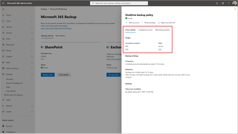 Screenshot showing how to add user accounts to the existing OneDrive backup policy in the Microsoft 365 admin center.