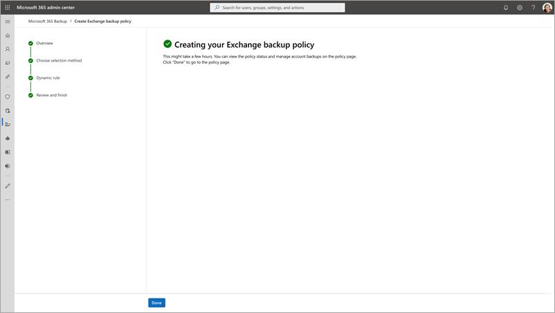 Screenshot of the Exchange backup policy created page.