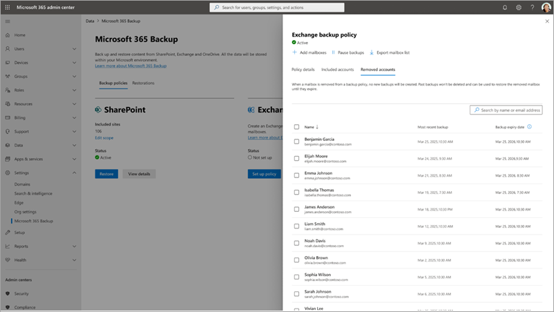 Screenshot of the updated Exchange mailbox backup policy panel in the Microsoft 365 admin center.