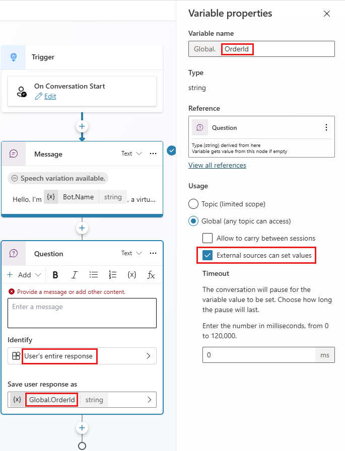 Screenshot of the 'Variable properties' panel showing the configuration for a global variable in Copilot Studio.
