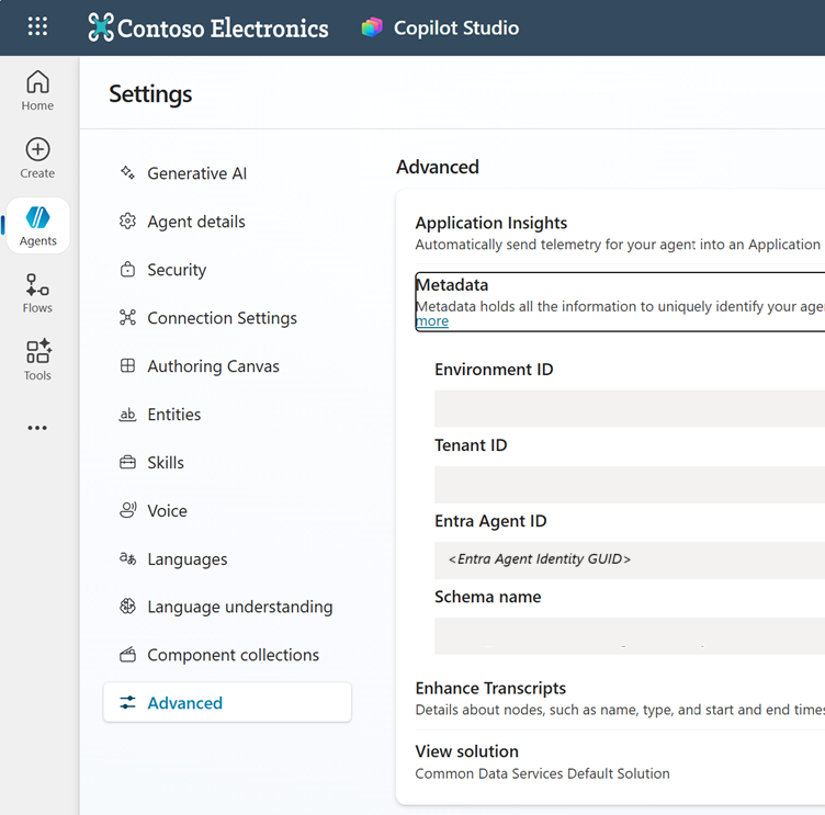 Screenshot showing the Entra Agent ID field in an agent's settings in Copilot Studio.