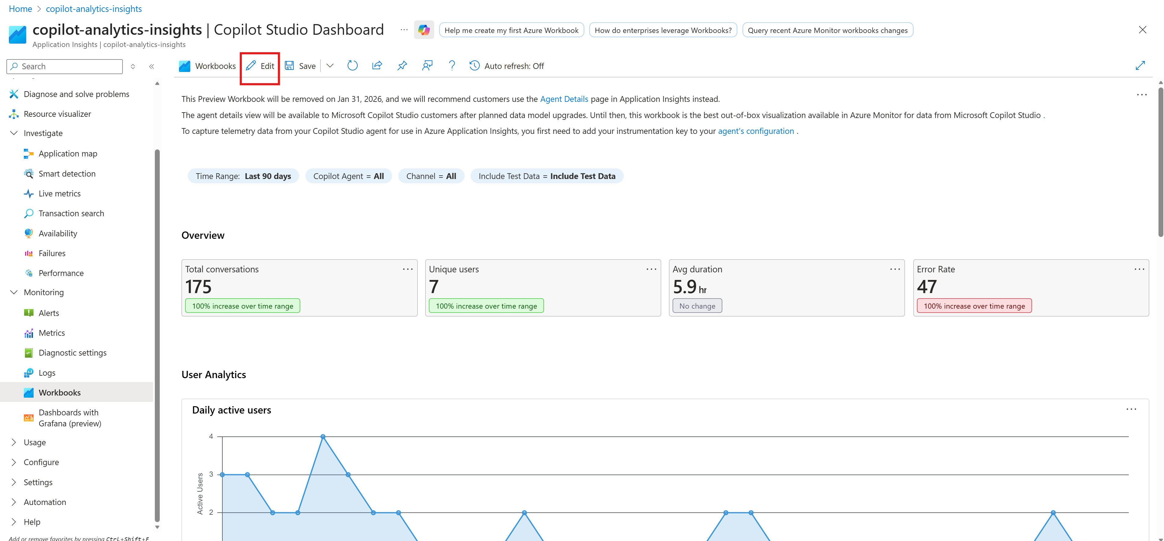 Screenshot of editing the Application Insights workbook.