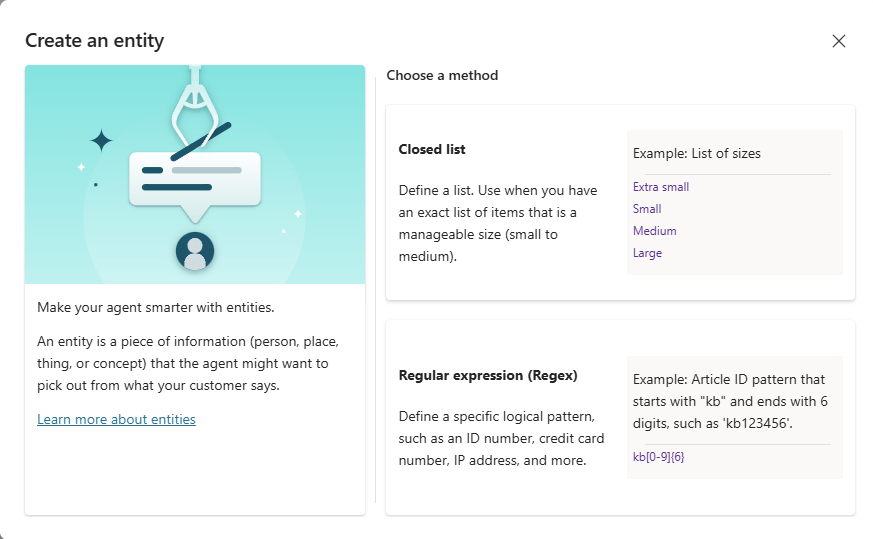 Screenshot of the entity creation window, with its 'Closed list' and 'Regular expression' options.