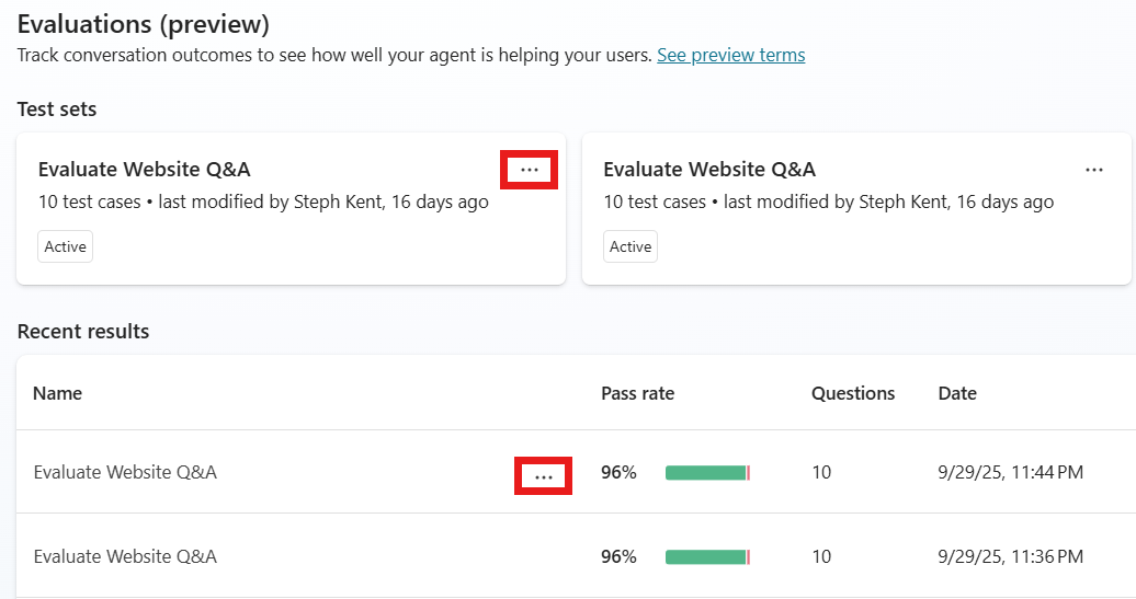 Screenshot showing the more menu icons that appear when you hover over test sets or evaluation results.