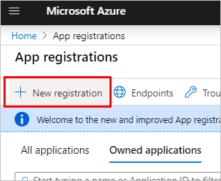 Screenshot of the app registration page with the New registration button highlighted.