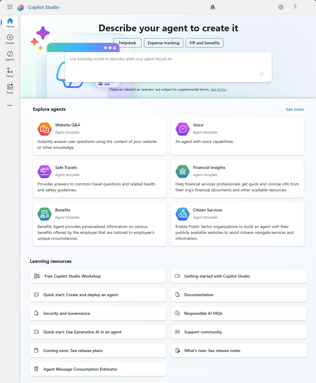 Screenshot of Copilot Studio home page.