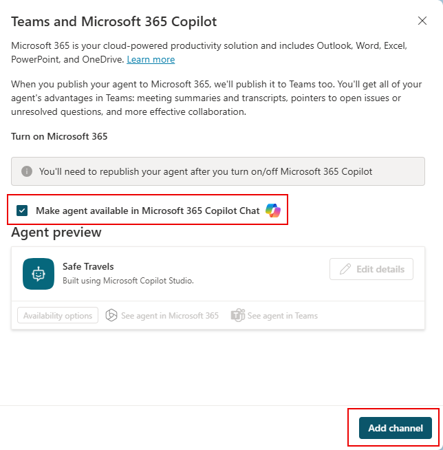 Screenshot of the configuration panel for the Teams and Microsoft 365 Copilot channels, in its initial state, showing the option (selected by default) to also make agent available in Microsoft 365 Copilot.