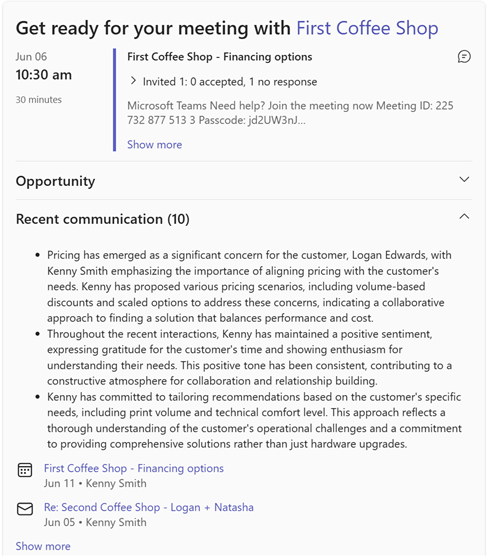 Screenshot showing recent communications in meeting preparation card