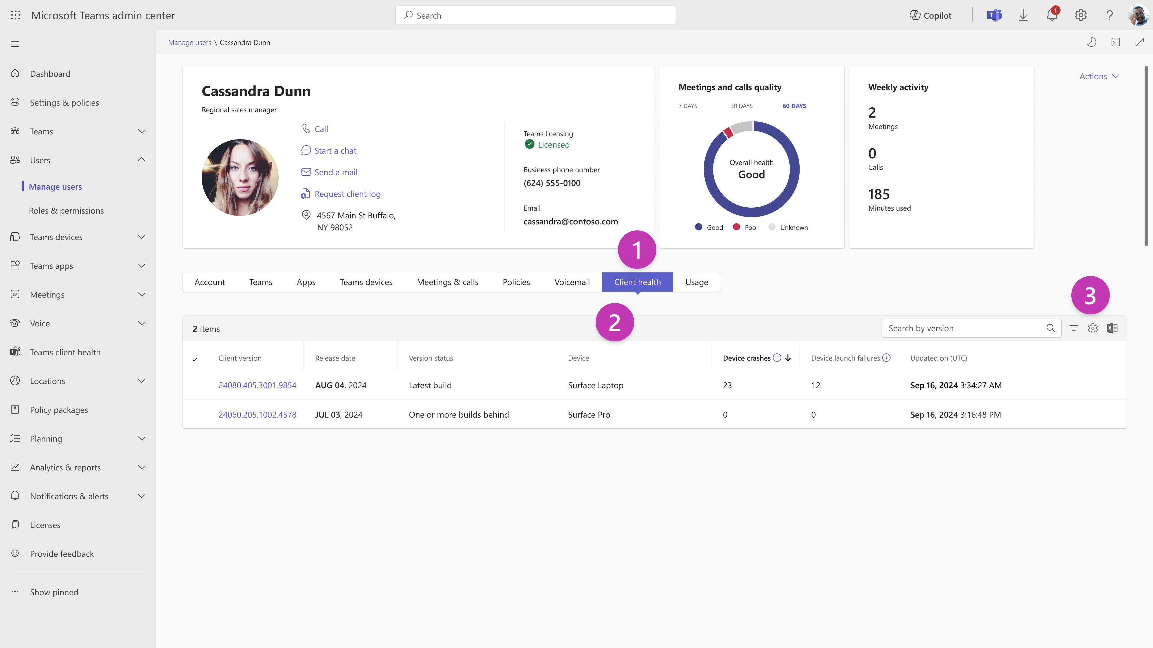 A screenshot of the per-user view, with numbered callouts. The first callout is slightly to the right of the middle of the screenshot, over the Client health tab. The second callout is directly underneath the first, above a table. The third is on the middle right of the screenshot, above the search, settings, and export options.