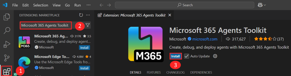 Screenshot shows the Agents Toolkit extension installation.