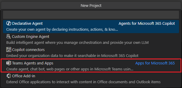 Screenshot shows the list of new Teams app menu to create in Visual Studio Code.