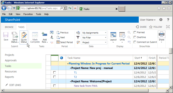 Starting the QuickStatus app from the TASKS tab Starting the QuickStatus app from the TASKS tab