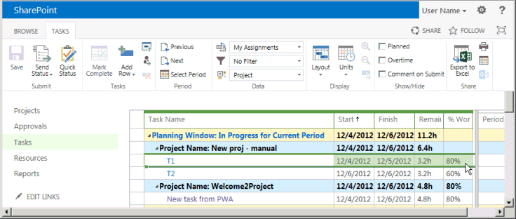 Verifying the updated tasks in Project Web App Verifying the updated tasks in Project Web App