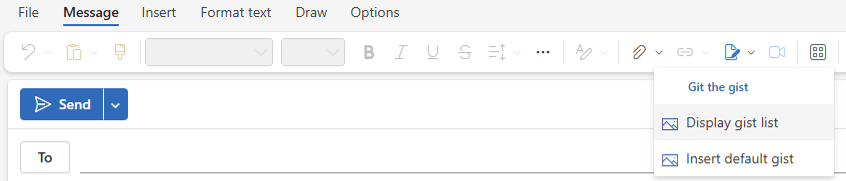 The message compose form in Outlook on the web with the add-in button and pop-up menu highlighted.
