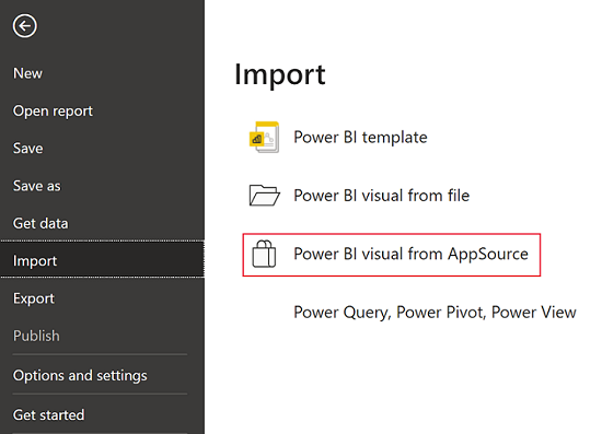 Screenshot showing how to access Power BI Visuals in Microsoft Marketplace from the Power B I File menu.