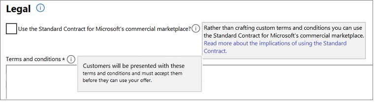 Illustrates the Use the Standard Contract for Microsoft Marketplace check box.