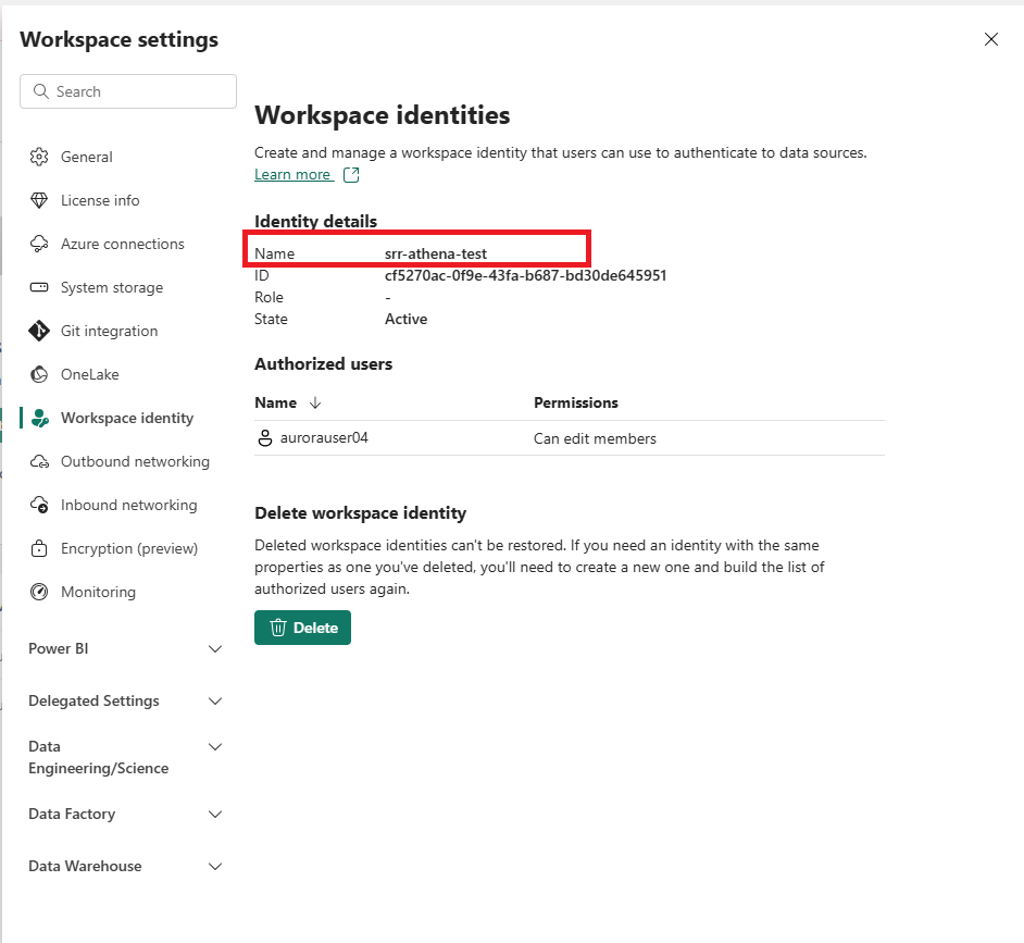Workspace identity page in Fabric. The name, such as `srr-athena-test` in this example, is used later when adding the application user in Dataverse.