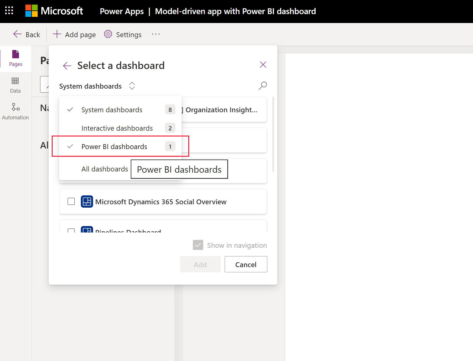 Select Power BI dashboards from the dashboard picker