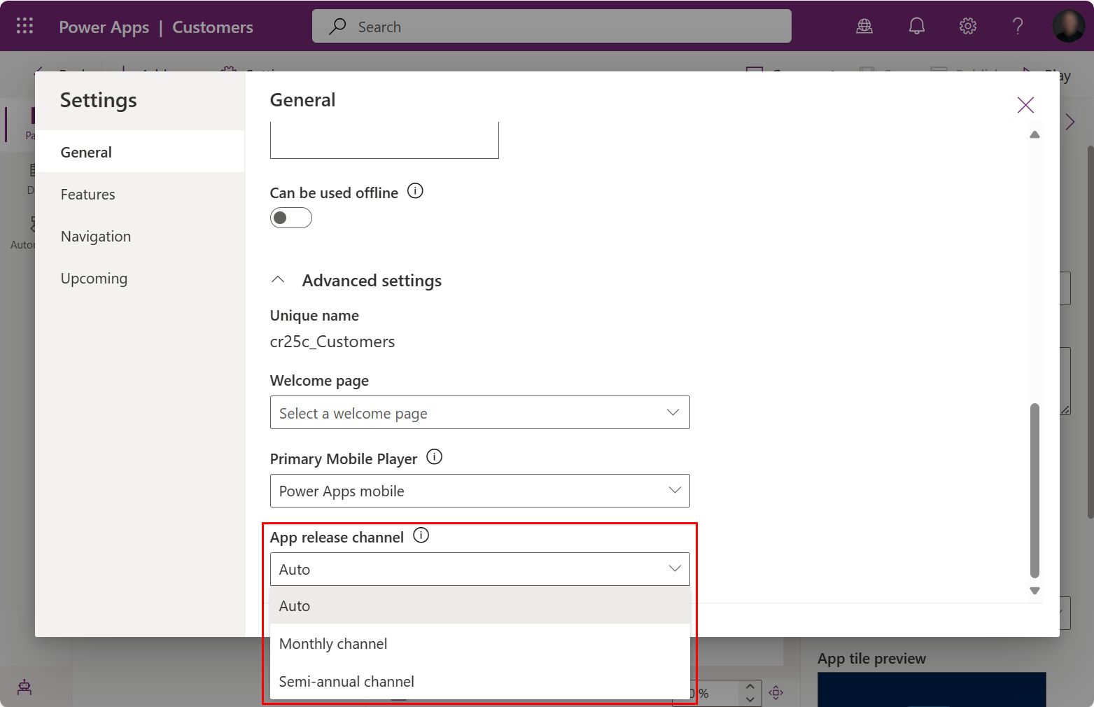 App designer settings app release channel App designer settings app release channel