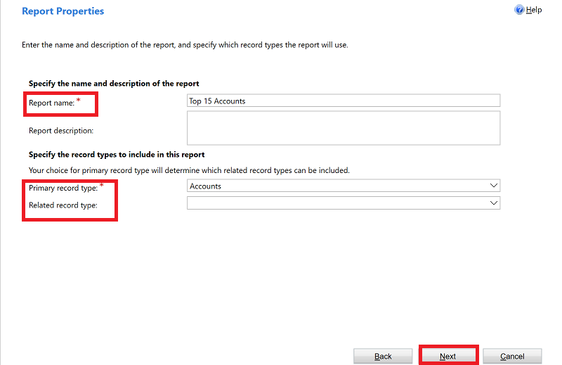 Report properties screen Report properties screen.