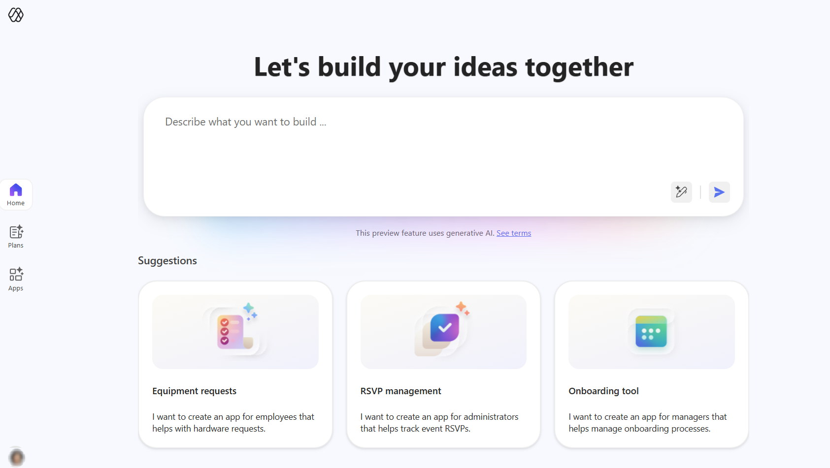 Screenshot of the home page for the new Power Apps experience